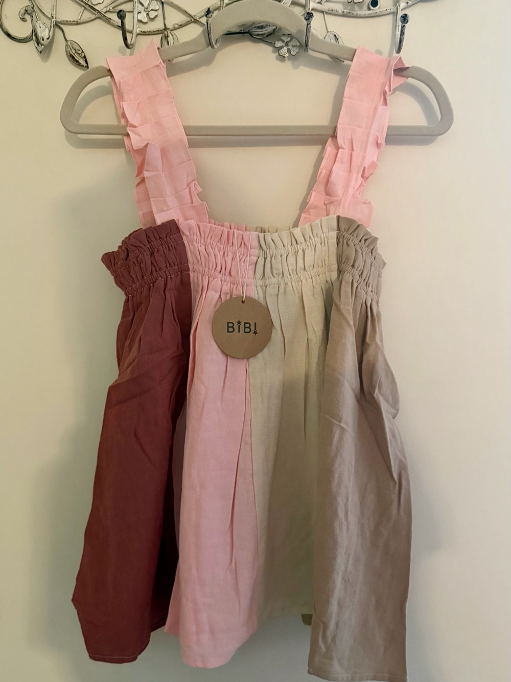 BiBi Pink, Cream & Brown Colorblock Ruffle-Strap Tank - Picture 2 of 4